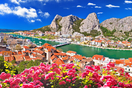 Town of Omis and Cetina river mouth panoramic view