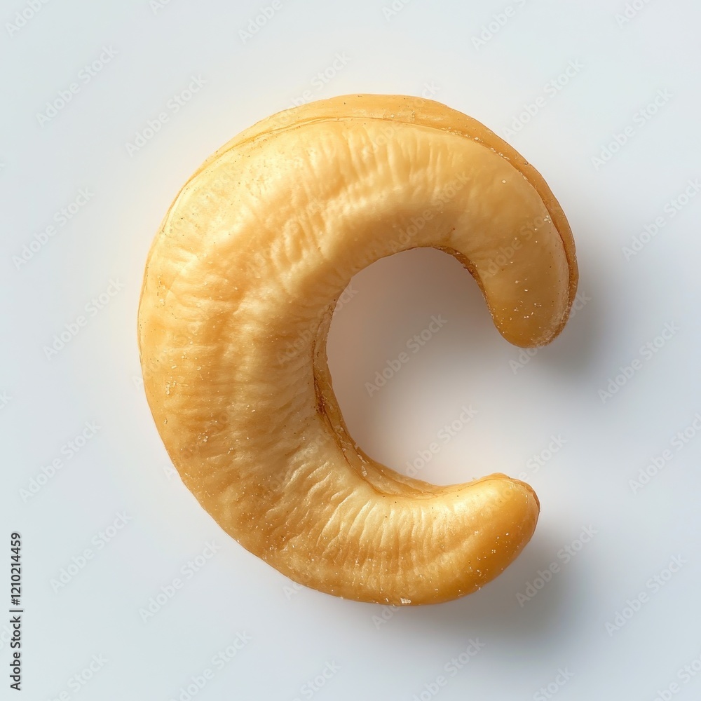 Poster roast cashew nut displayed on a clean surface highlighting its unique shape and texture