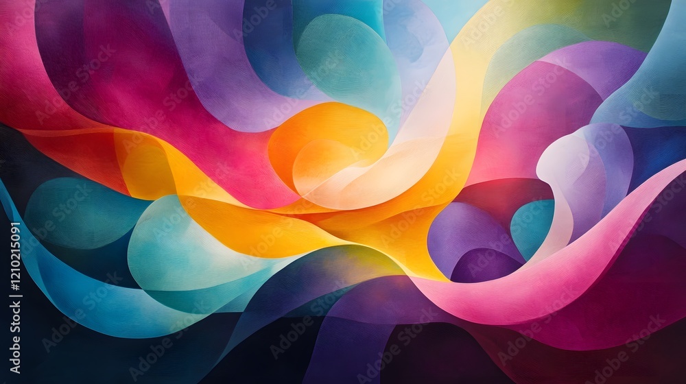 Poster whimsical and dynamic abstract composition featuring candy like swirls smooth shapes and bold vibran