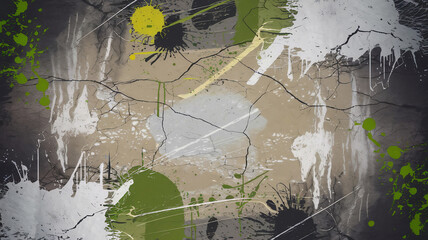 A grunge-style abstract texture of a concrete wall with distress marks, cracks, and paint splatters. 