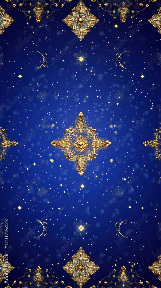Poster shimmering golden diamond pattern on deep blue background with celestial accents and sparkling stars