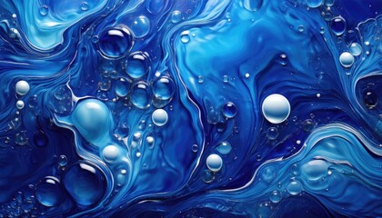 A close-up of swirling blue and white liquid with bubbles, creating an abstract and artistic visual effect.