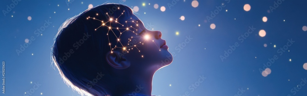 Poster Child illuminated by glowing constellations showcasing wonder and imagination in a tranquil nighttime setting