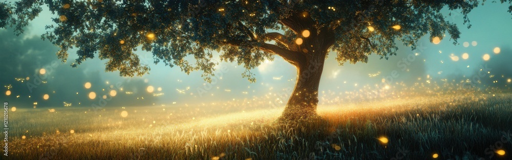 Poster serene visualization of a glowing tree surrounded by enchanting lights in a tranquil meadow at dusk