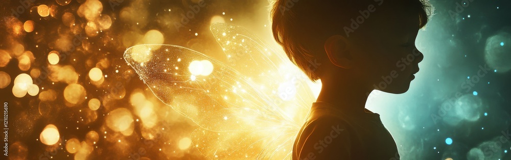 Poster child with glowing wings surrounded by sparkling lights in a dreamlike setting during twilight