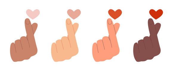 Korean heart sign, hand gesture. Set different hands showing heart sign. Finger love symbol. I love you. Vector illustration 