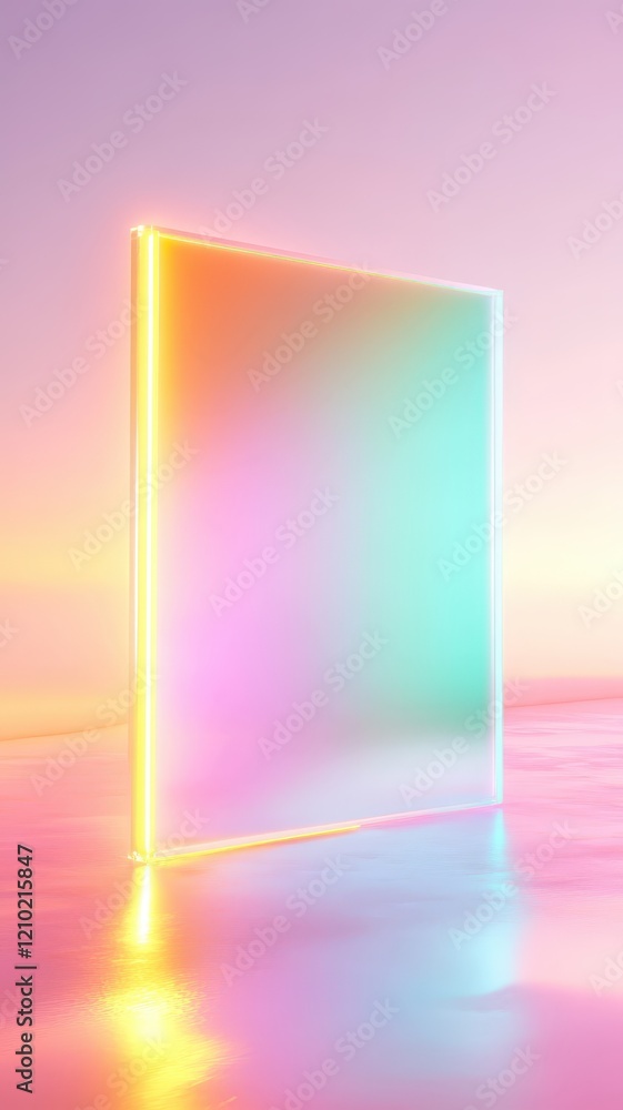 Poster Pastel colors Geometric background dominate a surreal scene with a glowing rectangular prism casting light onto a reflective surface, creating a dreamlike atmosphere. Vertical format abstract