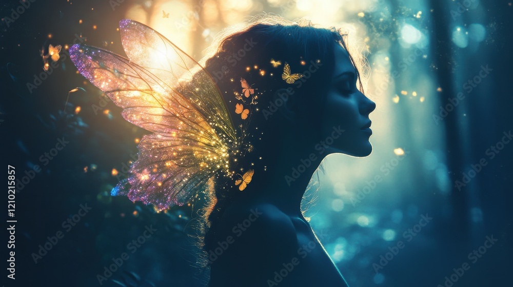 Poster woman with ethereal butterfly wings illuminated by soft light in a tranquil forest setting