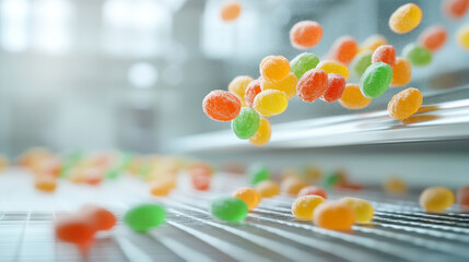 Colorful gummy candies falling from a mechanical mold in a food factory, clean and vibrant lighting, minimalist style