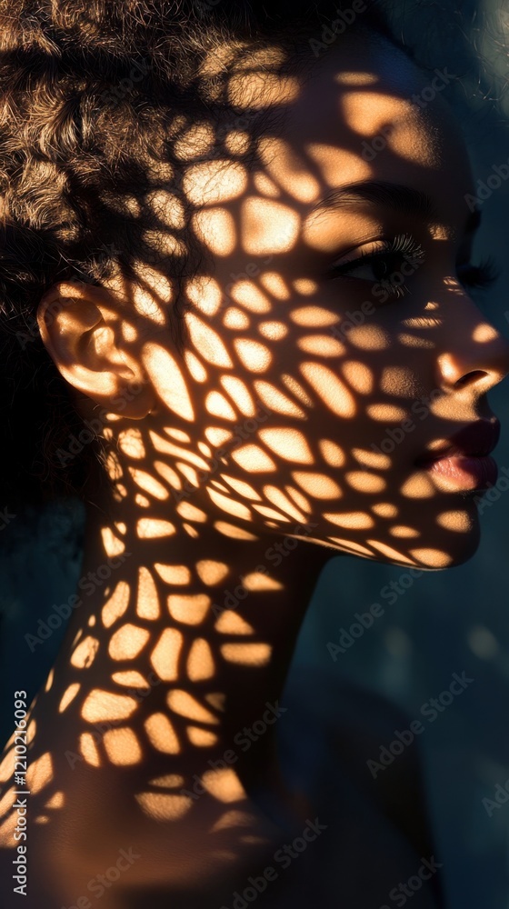 Poster Portrait of a woman with intricate shadow patterns on her face captured in soft light