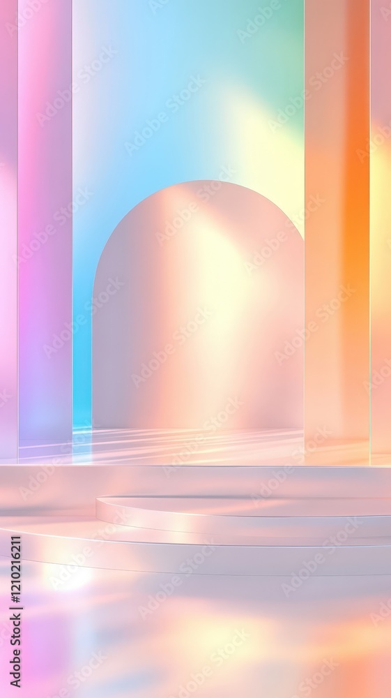 Poster pastel colors geometric background dominate a surreal scene with a glowing rectangular prism casting