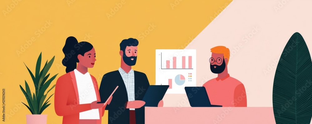 Poster a vibrant illustration of three professionals discussing data insights in a modern office setting, f