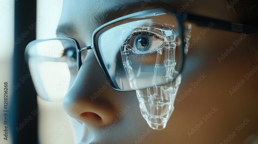 Poster a close-up of a person wearing glasses, their reflection showing a 3d ai model emerging from the com