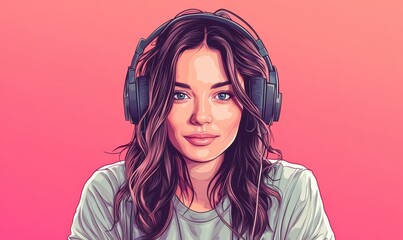 Young woman wearing headphones enjoys music in a vibrant setting