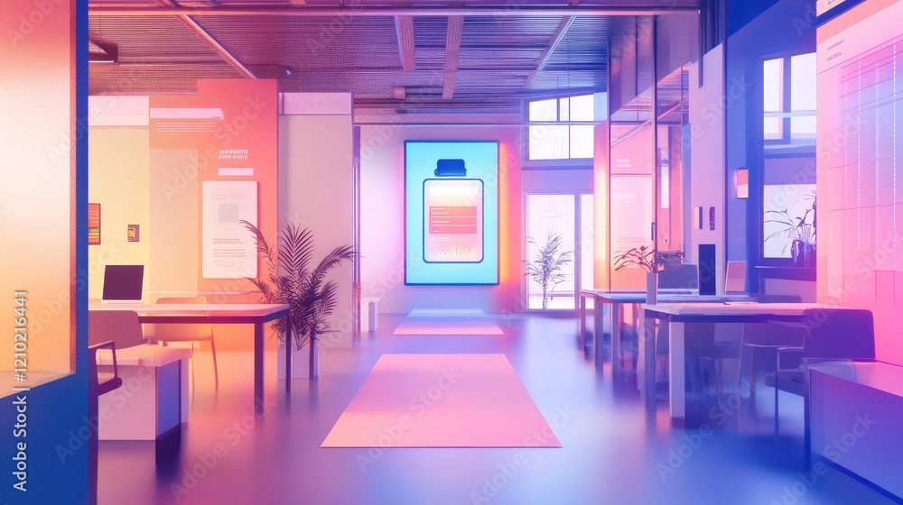 Aufkleber a coworking space where a 3d ai assistant pops out of a shared screen, surrounded by futuristic data