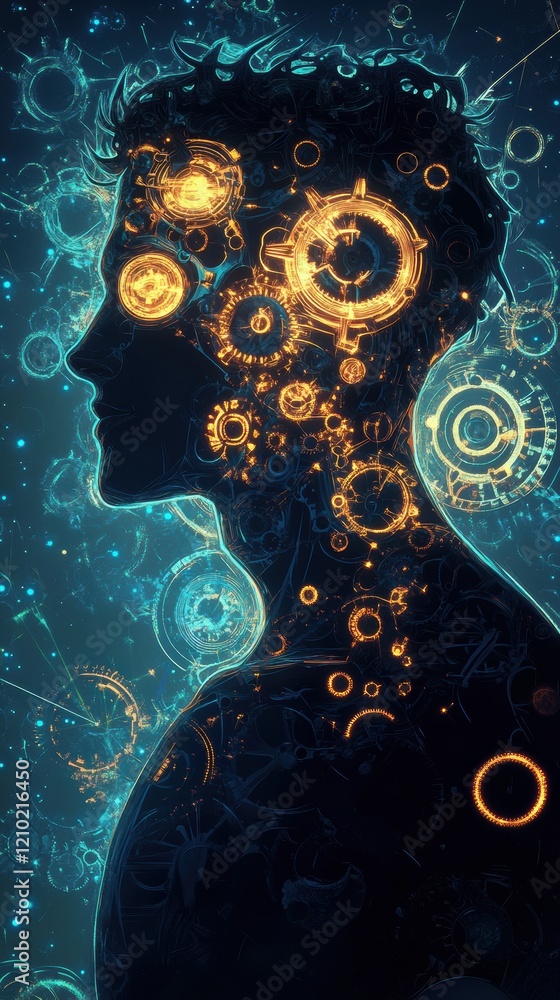 Aufkleber portrait of a man reflecting serenity and wisdom with glowing gears illuminating his thoughts in a d