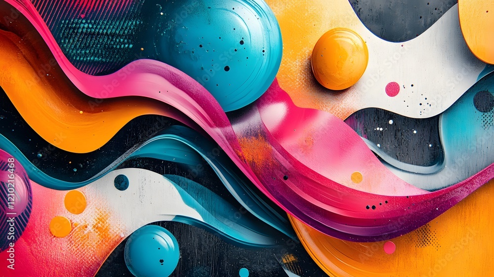 Poster visually striking abstract composition featuring a dynamic blend of bright whimsical patterns smooth