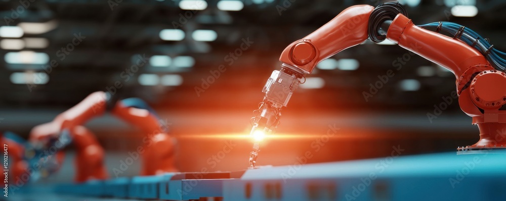 Poster a close-up of industrial robotic arms assembling products in a factory setting, showcasing automatio