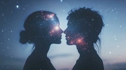 Couples silhouettes against a starry night sky symbolizing love and connection at twilight