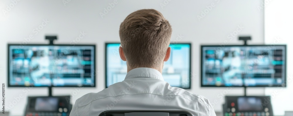 Poster a person monitors multiple screens in a control room, observing data and visuals, focused on analysi