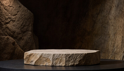 A rustic stone platform with warm lighting and earthy textures, creating a natural and elegant display perfect for showcasing products or art in a heritage-inspired setting.