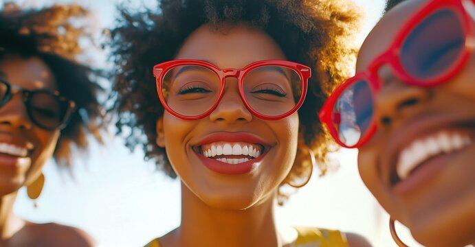 Trois femmes noires magnifiques, souriante portant des lunettes rouges et s'amusant lors d'une f&ecirc;te d'&eacute;t&eacute; sur une plage.