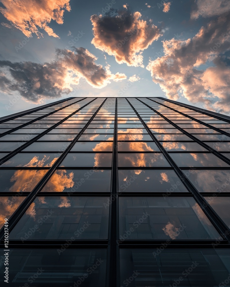 Poster a modern skyscraper reflects colorful clouds and a dramatic sky, creating a stunning visual of archi