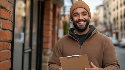 Friendly delivery worker gripping clipboard, smiling while verifying package in city street environment