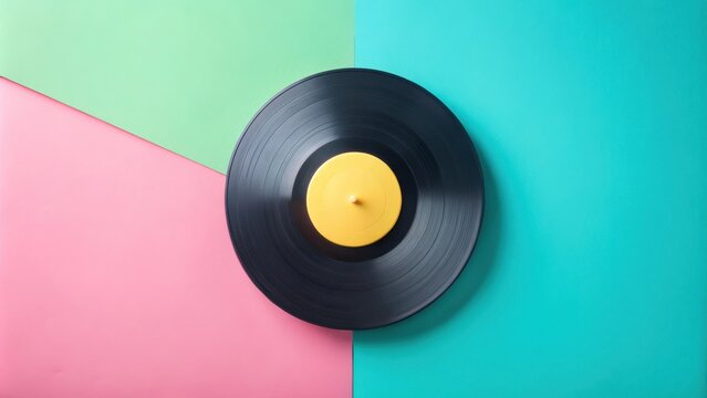A black vinyl record with a yellow center sits on a pastel pink, green, and teal background
