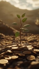 A little tree sprouted from a stack of money and upward-pointing arrows. 