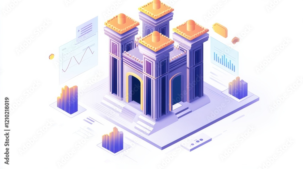 Poster visual representation of long-term financial planning concepts with digital architecture design elem