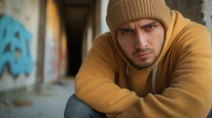 Obraz premium Portrait of a serious young man wearing a hoodie and a beanie sitting in an abandoned building with graffiti on the wall