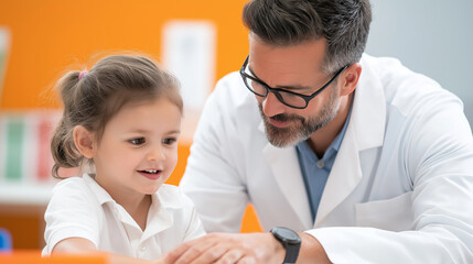 Male therapist supporting young girl patient during rehabilitation therapy, working on motor skills development in clinical setting
