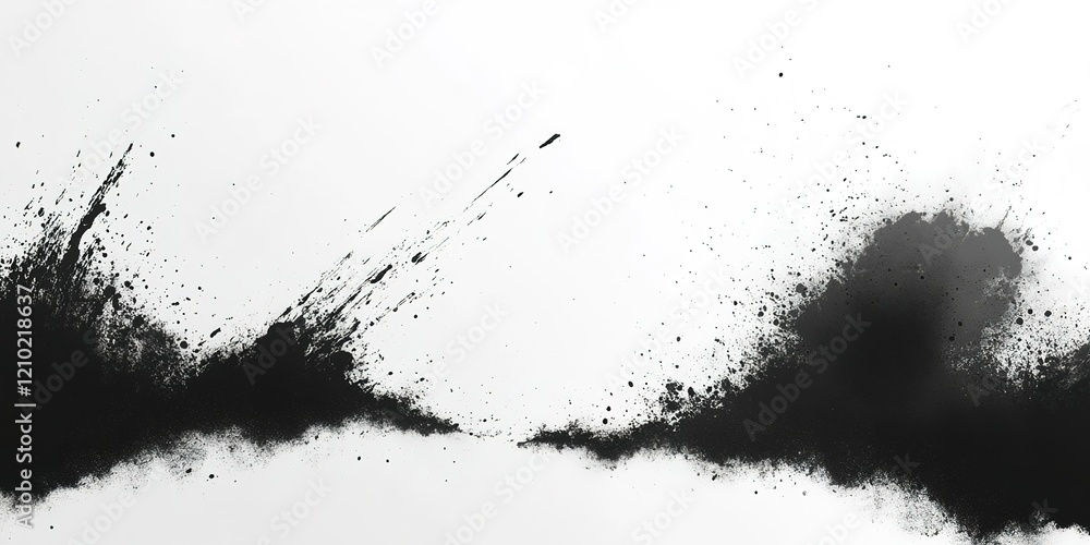 Poster black powder splash creates artistic texture on a white background during an abstract design session