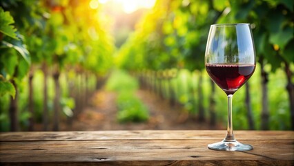 An empty red wine glass on a rustic wooden table with a blurred background of vines and greenery , wine bottle not shown, isolated object