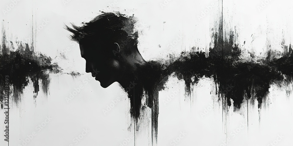 Aufkleber dynamic silhouette of a person merging with abstract sound waves in a monochrome design