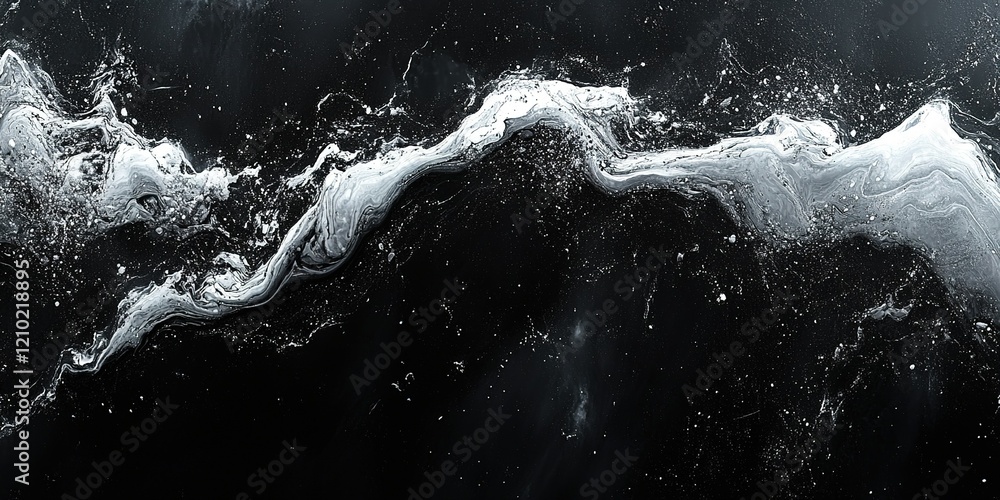 Poster fluid abstract art features swirling white patterns against a deep black background showcasing movem