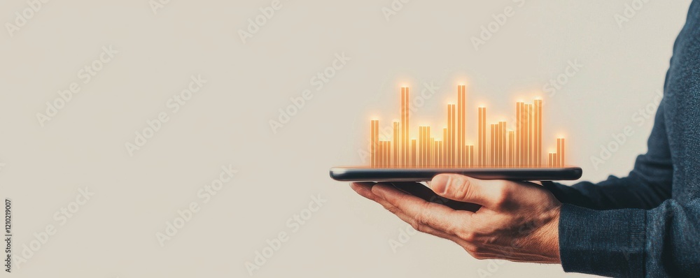 Poster a hand holds a tablet displaying glowing bar graphs, symbolizing data analysis, financial growth, or