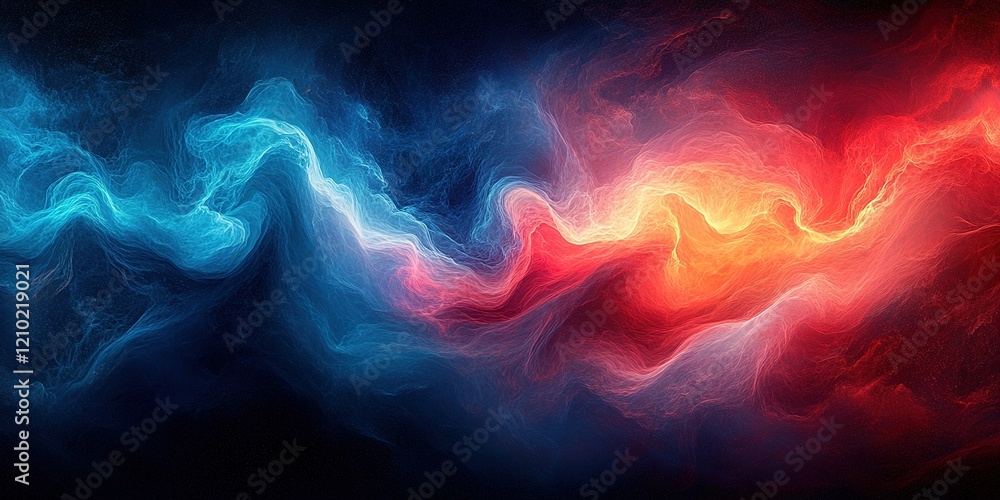 Poster colorful abstract swirl of blue and red fluid forms creating a vibrant cosmic effect in a dark backg