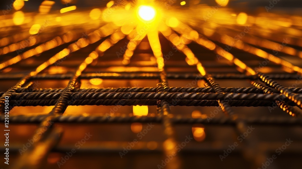 Poster steel rebar grid glowing in warm sunset light, creating a beautiful abstract pattern with potential 