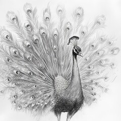 Obraz premium Peacock displays vibrant tail feathers in full fanned glory at a serene garden