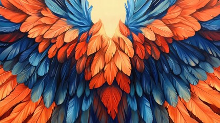 Fototapeta premium A vivid interplay of orange and blue feathers, their edges gently overlapping in a symmetrical close-up.