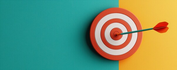 A dartboard with a red and white target, featuring a dart hitting the center, set against a teal and yellow background.