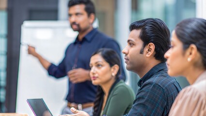 Obraz premium Indian team attentively listening to a leader presenting a financial report. 