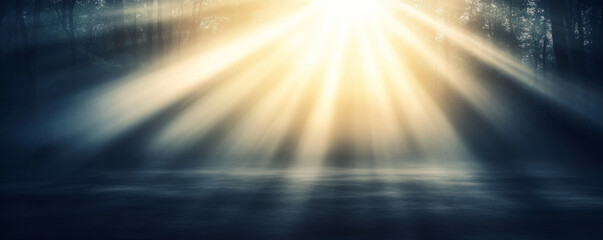 Fototapeta premium Light rays filtering through a misty forest create a captivating, mysterious atmosphere, enhancing the enchanting beauty of nature