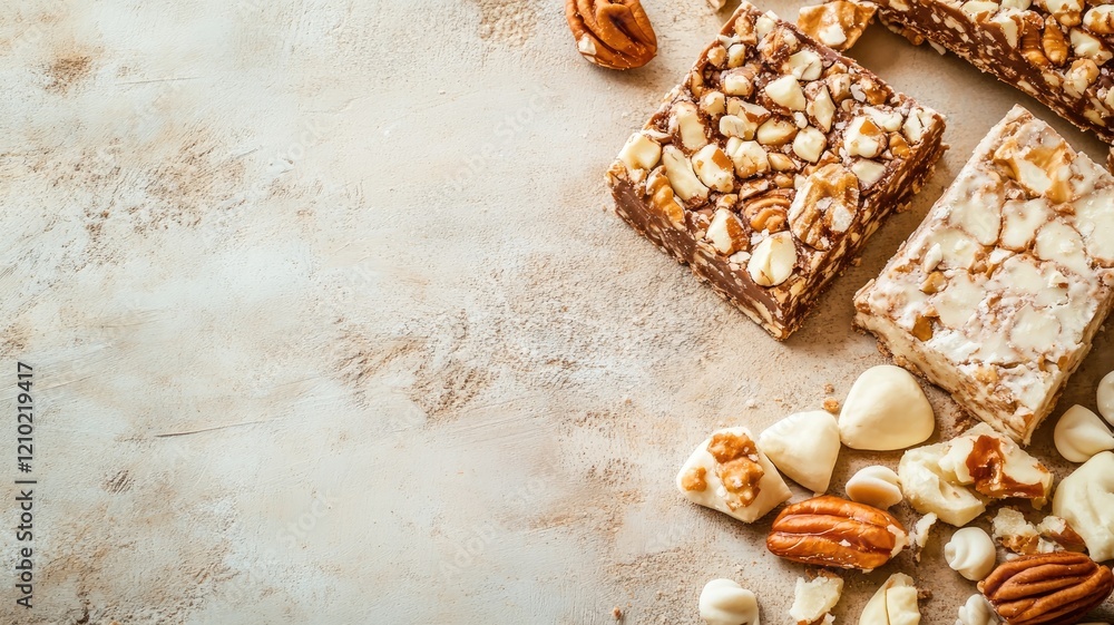 Poster nutty chocolate and white bars with pecans macadamia nuts on rustic surface