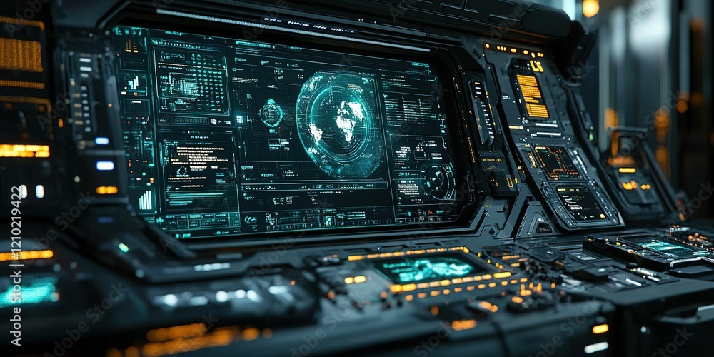 Poster control room filled with advanced technology displays and interfaces for space exploration tasks