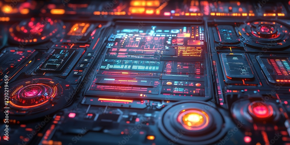 Poster futuristic control panel with glowing interfaces in a high-tech environment during twilight