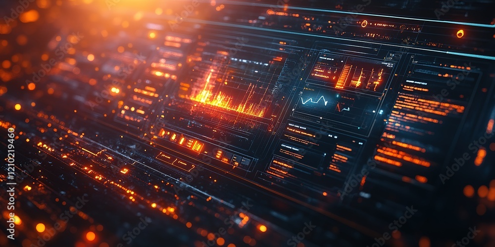 Poster dynamic visualization of data analysis with glowing elements in a futuristic digital interface