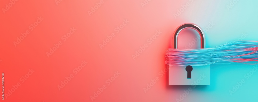 Poster a modern padlock with colorful flowing data streams, symbolizing digital security and protection in 